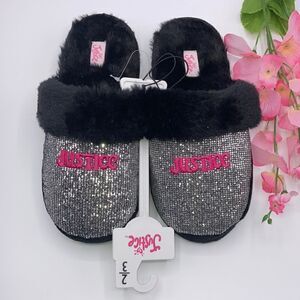 Justice Girls Graphic Slip On Sparkling Scuff Slippers Shoes Size 2/3